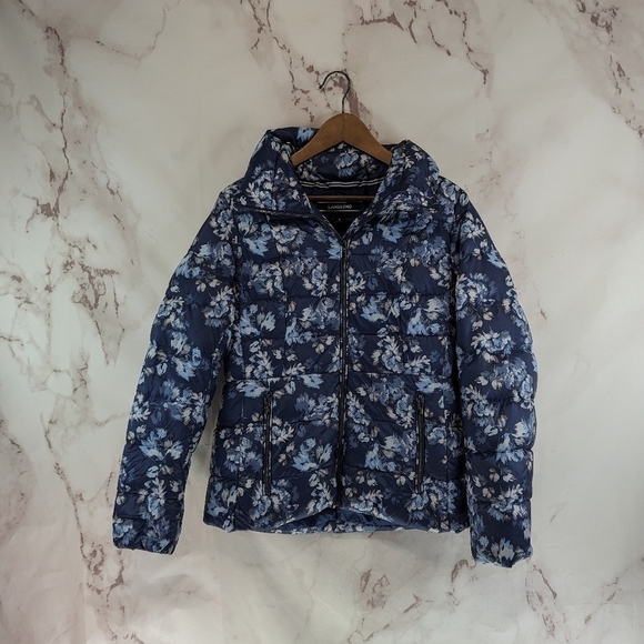 Lands End Down Jacket Womens 8 Medium Puffer Coat Blue Floral Zip Puffy FP Power - Picture 1 of 11